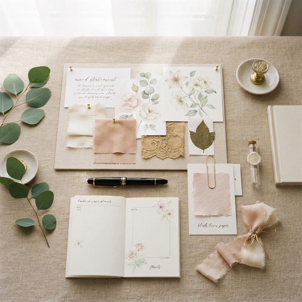 Elegant event planning materials including a mood board, fabric swatches and floral sketches