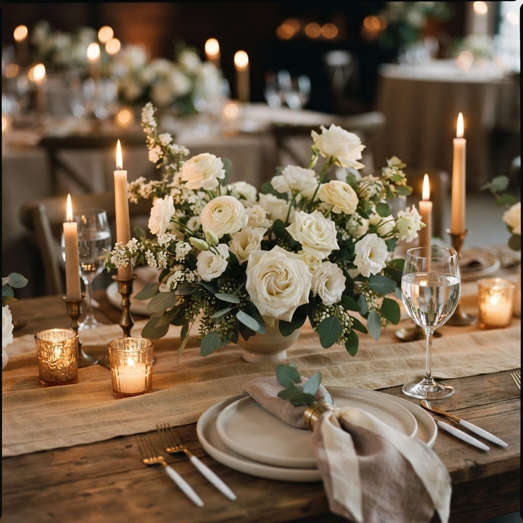 Close-up of white and cream floral event decoration