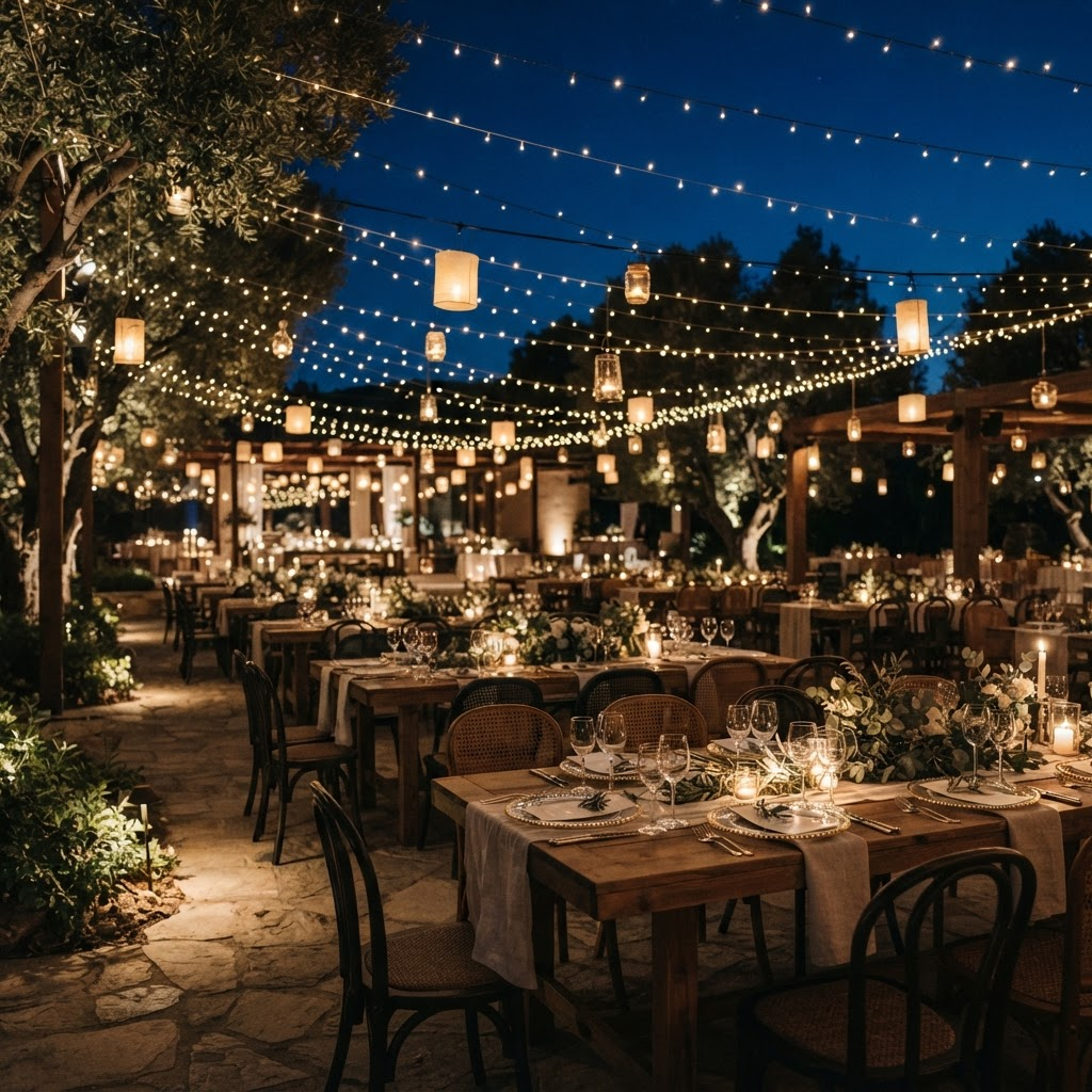 Warm ambient event lighting with lanterns at dusk