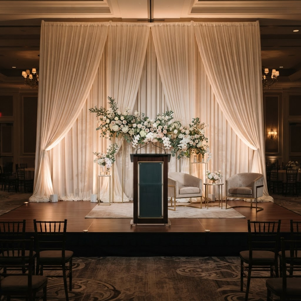 Elegant event stage with soft uplighting and a floral backdrop