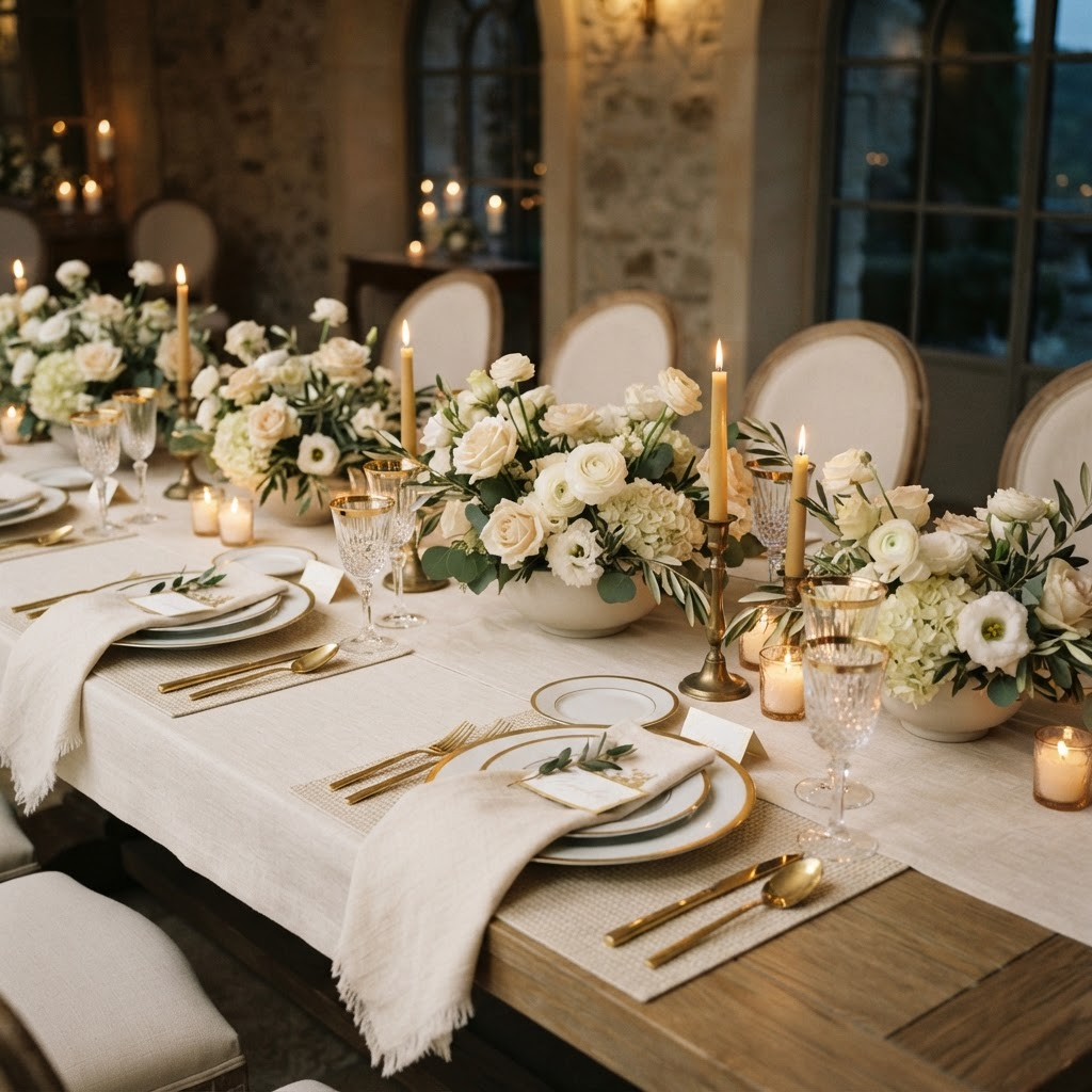 Refined banquet table setting with candlelight