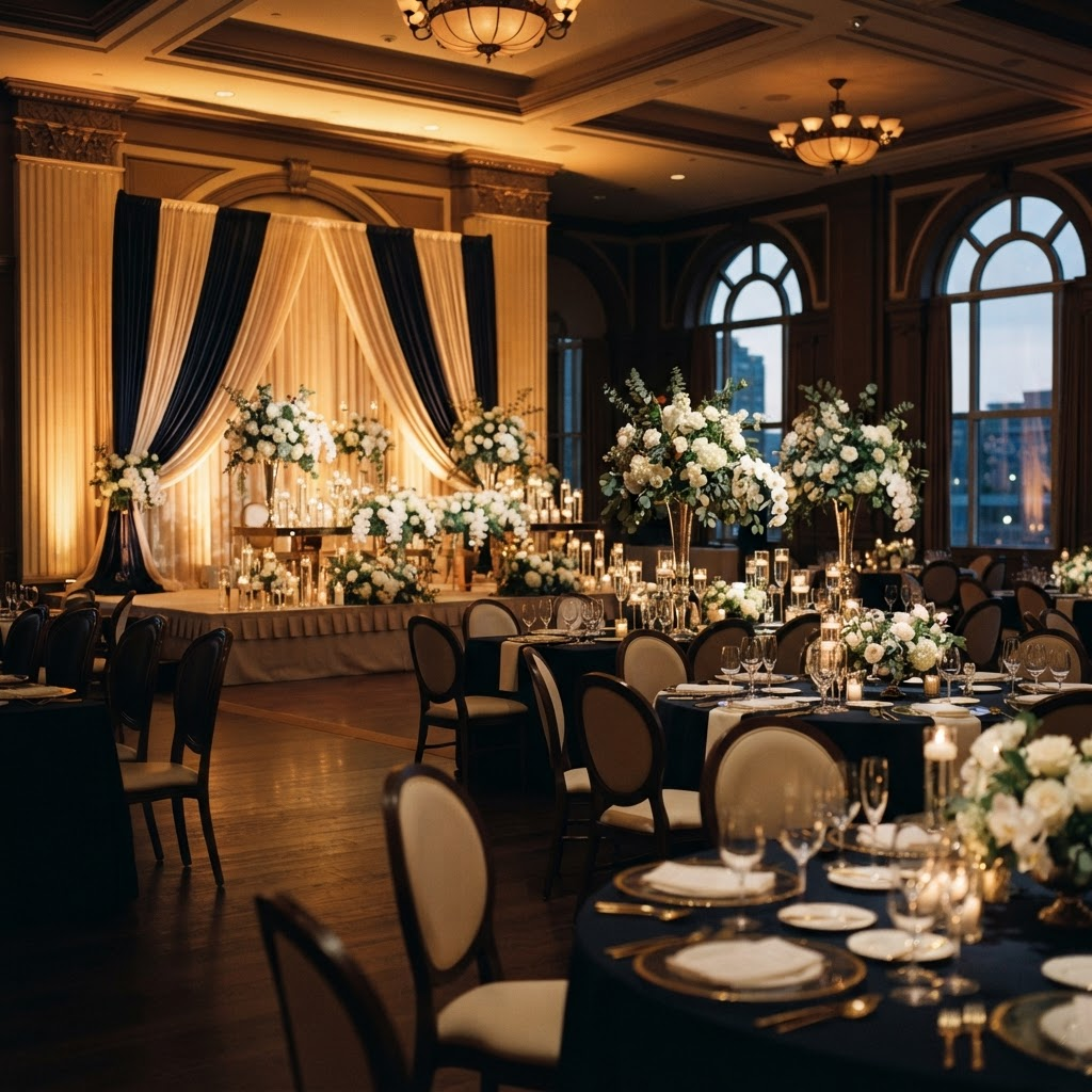 A beautifully decorated premium celebration venue with warm lighting