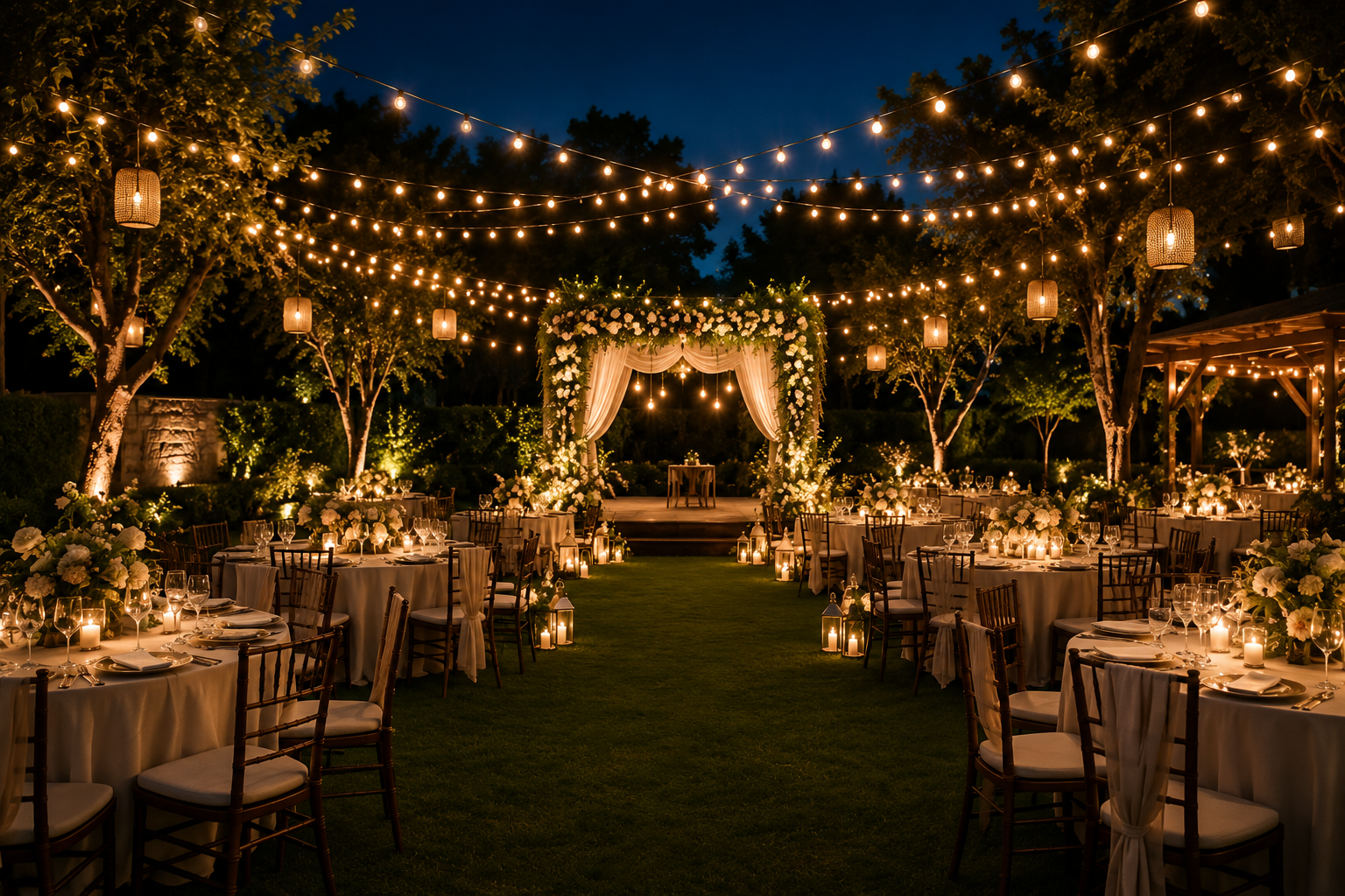 Elegant outdoor lawn event with fairy lights and dining setup